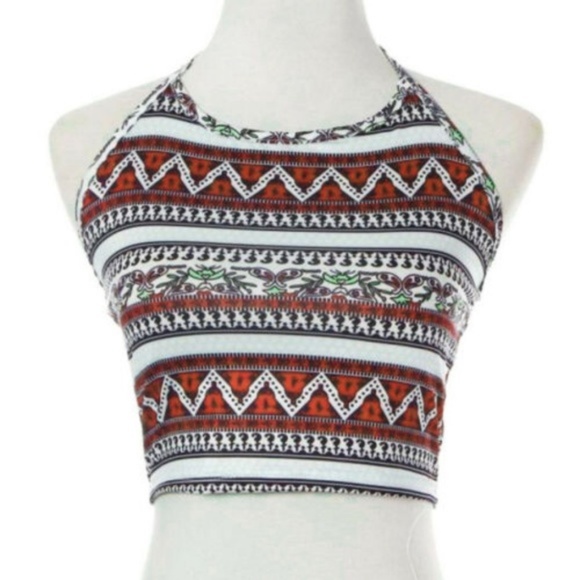 Stretchy Zig Zag Boho Halter Crop Top O/S - Picture 2 of 4